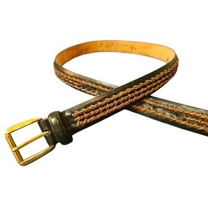 Cole Haan Men's Leather Black And Braided Brown Belt With Solid Brass Buckle